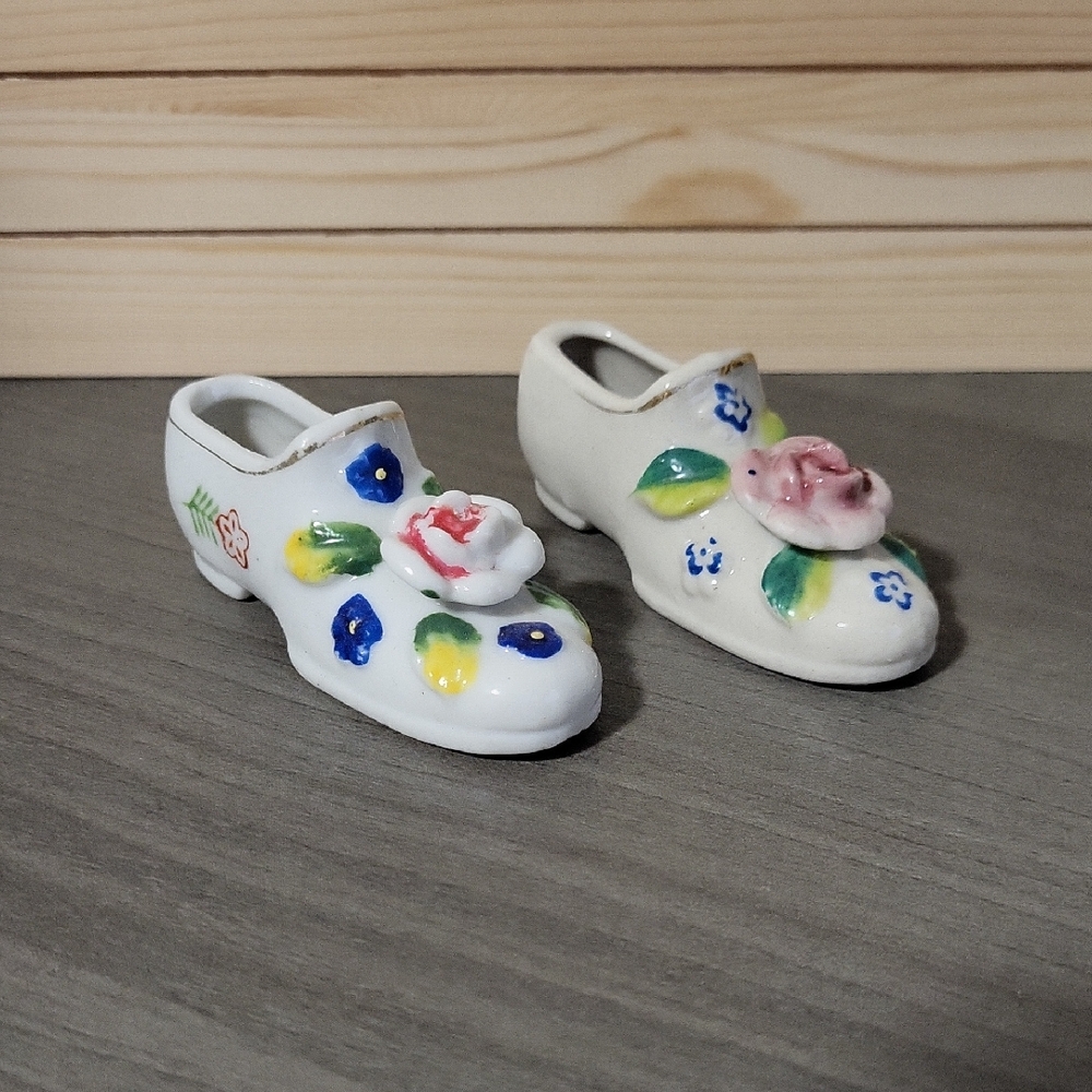 Vintage Miniature Porcelain Shoes Japan Pink Rose